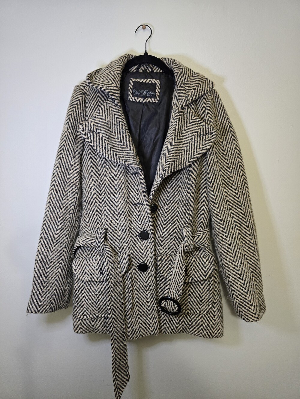 Daytrip Black & Cream Herringbone Peacoat